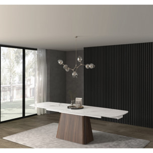 Tavolo MALTA in vetroceramica effetto marmo statuario, allungabile con base noce 160×90 cm – 240×90 cm