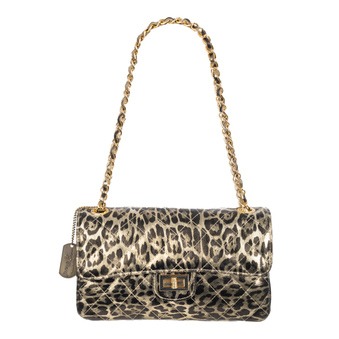 Caeli bolso de hombro Mujer. Piel auténtica Gamuza acolchada, animal print leopardo, lacado brillante.