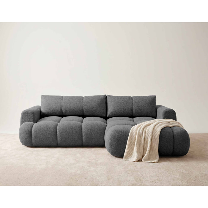 Yulin - Canapé d'angle droit 4 places convertible avec coffre en tissu bouclette - Gris