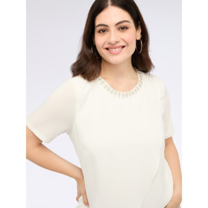 Fiorella Rubino - Camiseta bimaterial con aplicaciones de joyería - Blanco