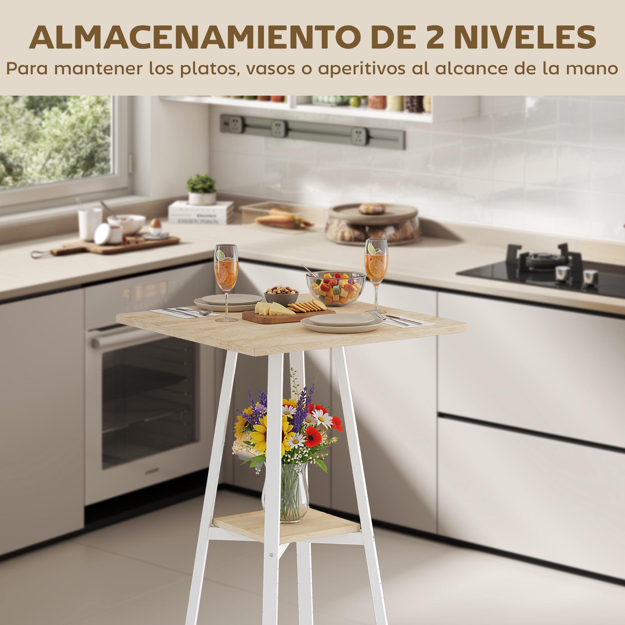 Mesa Alta Cocina Cuadrada con Estante, Mesa Alta Bar para 2 Personas, Patas de Metal, para Salón Comedor, 55x55x95 cm, Madera Natural y Blanco