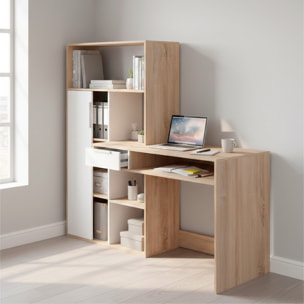 Scrivania Con Libreria Integrata Cassetto E Mobile con Ante Desk Multifunzionale Per Home Office E Studio 162.8 x 60.35 x 155.4 Cm Bianco e Rovere