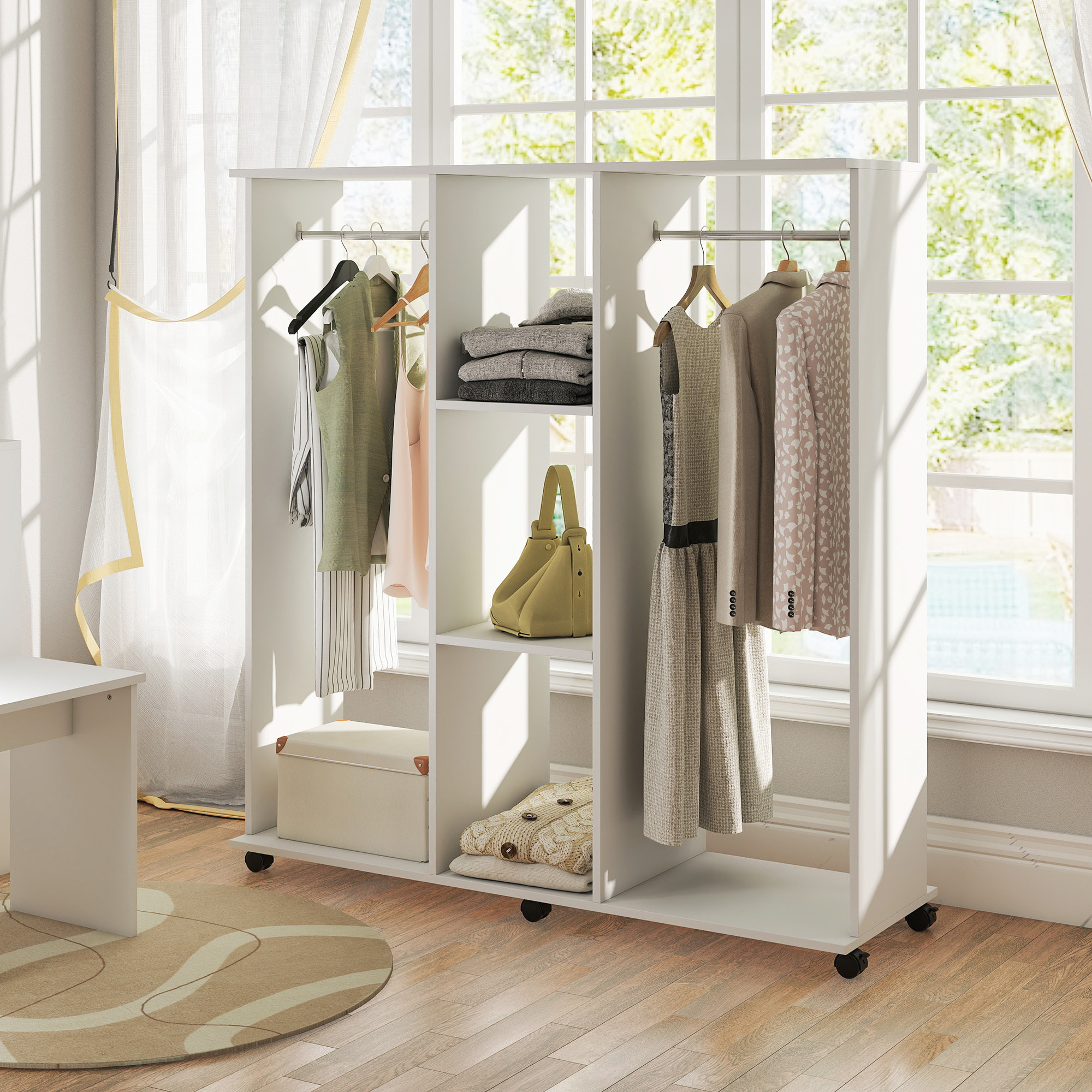 Armoire penderie Meuble de Rangement Mobile 6 roulettes 120L x 40l x 128H cm en bois Blanc