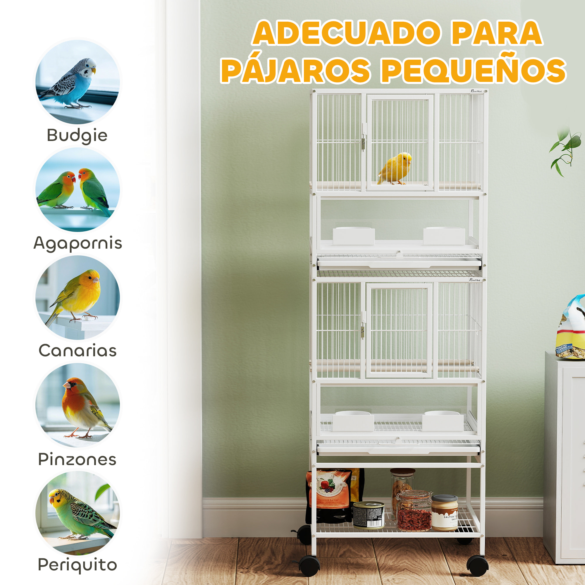 Jaula para Pájaros Jaula Grande de 2 Niveles con Ruedas Paneles Acrílicos Comederos Perchas Estante Bandejas Extraíbles Pajarera para Loros Canarios 48x46x134,5 cm Blanco