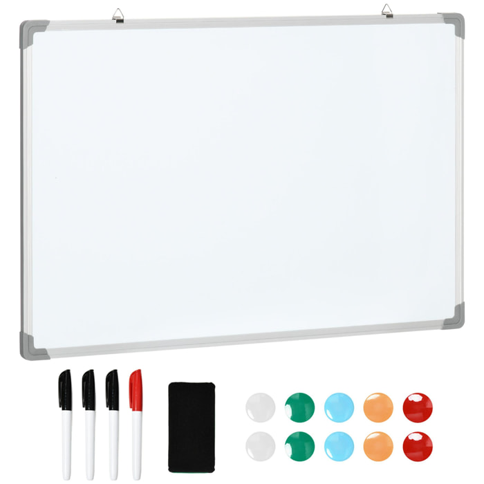 Tableau blanc aimanté magnétique dim. 90L x 60H cm nombreux accessoires inclus cadre aluminium
