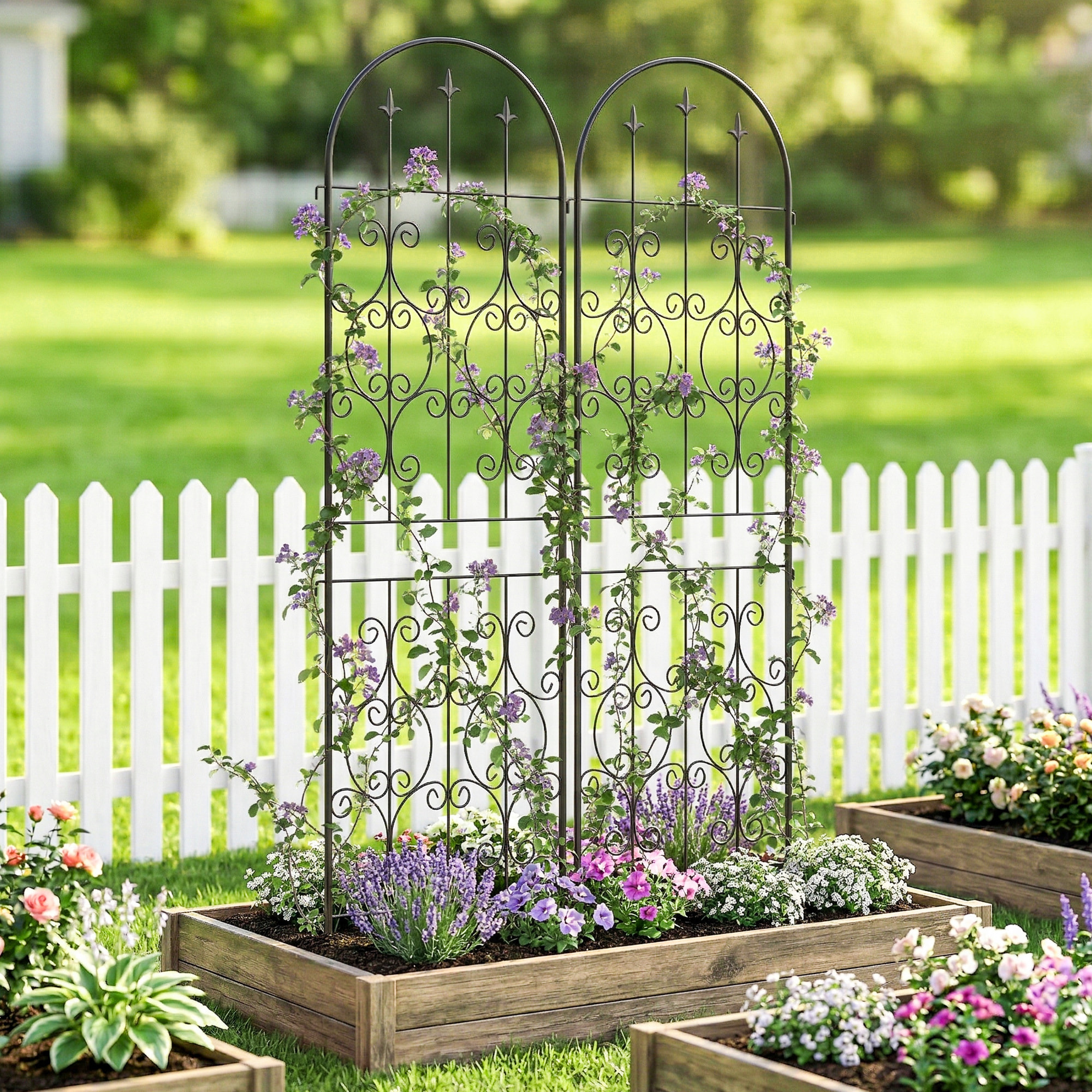 Treillis de jardin effet fer forgé pointe de fleur de lys  - 2 supports plantes grimpantes - 50 x 180 cm - métal époxy noir