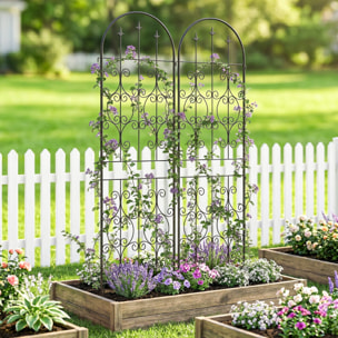 Treillis de jardin effet fer forgé pointe de fleur de lys  - 2 supports plantes grimpantes - 50 x 180 cm - métal époxy noir