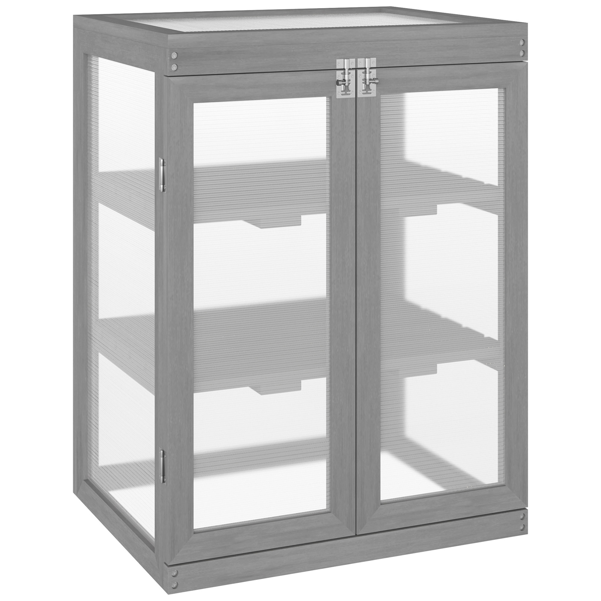 Mini serre de jardin 3 niveaux dim. 58L x 44l x 78H cm double porte toit ouvrant bois sapin lasuré peint gris polycarbonate