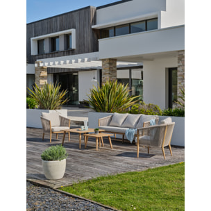 IBARRA - Salon bas de jardin 5 pl en aluminium imitation bois et corde tissée