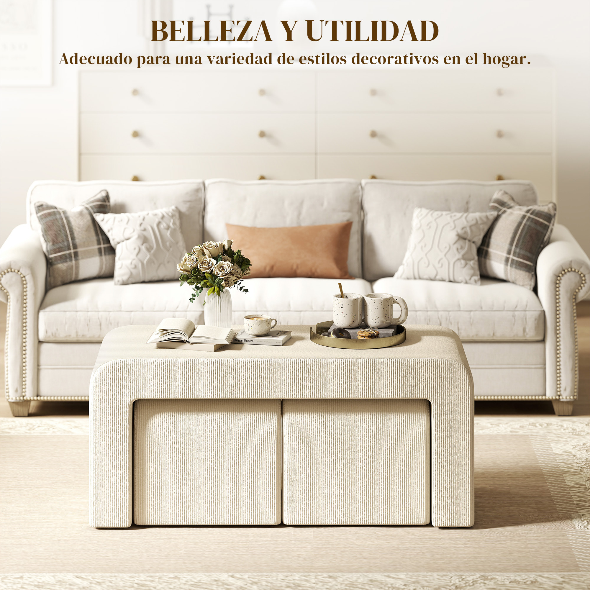 Juego de 3 Bancos Zapateros, Grande y 2 Pequeños, Bancos Recibidores Modernos de Pana, Diseño Compacto, Mesa Auxiliar para Salón, Entrada, Pasillo, Dormitorio, 104x44x48 cm, Crema