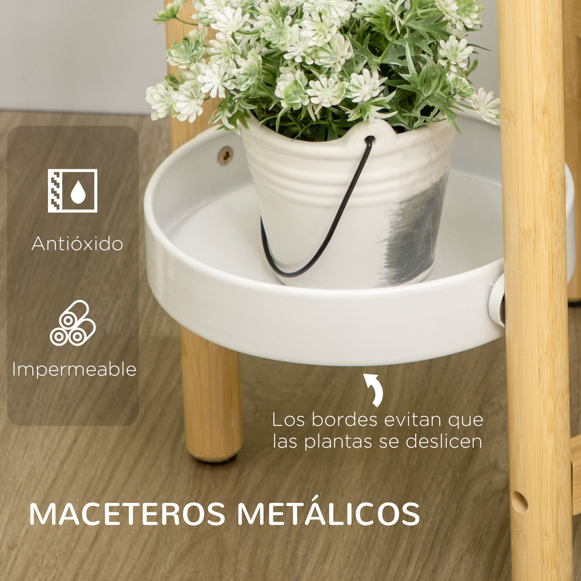 Soporte para Plantas Estantería para Plantas con Pies de Bambú Estantería para Flores con 4 Estantes Redondos Carga 20 kg para Interior y Exterior Ø28x80 cm Natural y Blanco