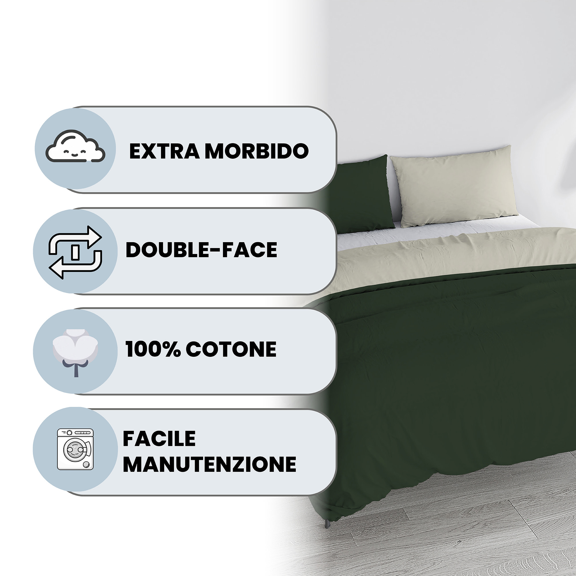 PARURE COPRIPIUMINO NATURAL COLOR, 100% Cotone, Made in Italy - VERDE OLIVA/PANNA