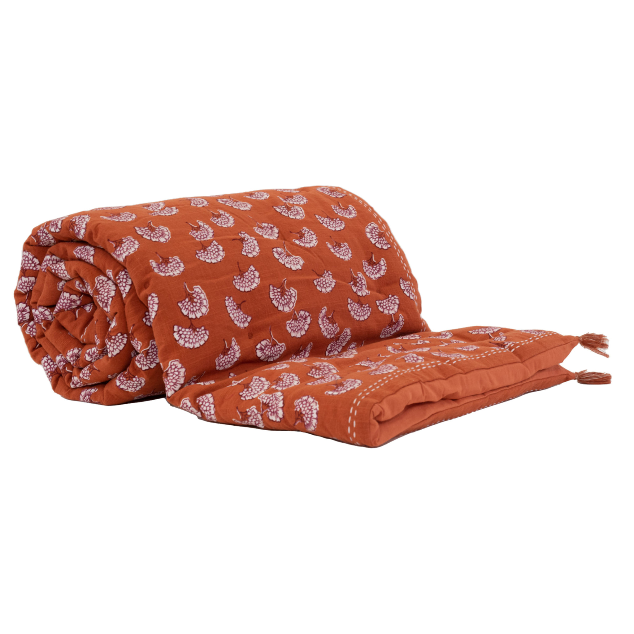 Édredon imprimé 100% coton avec pompon - Brique