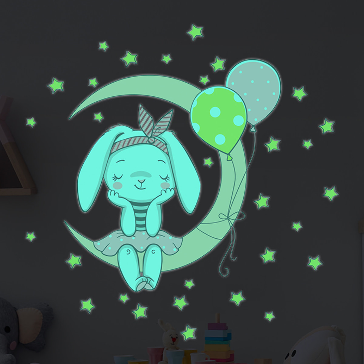 Sticker phosphorescent lumineux - LAPIN ASSIS SUR LA LUNE ET 30 ÉTOILES