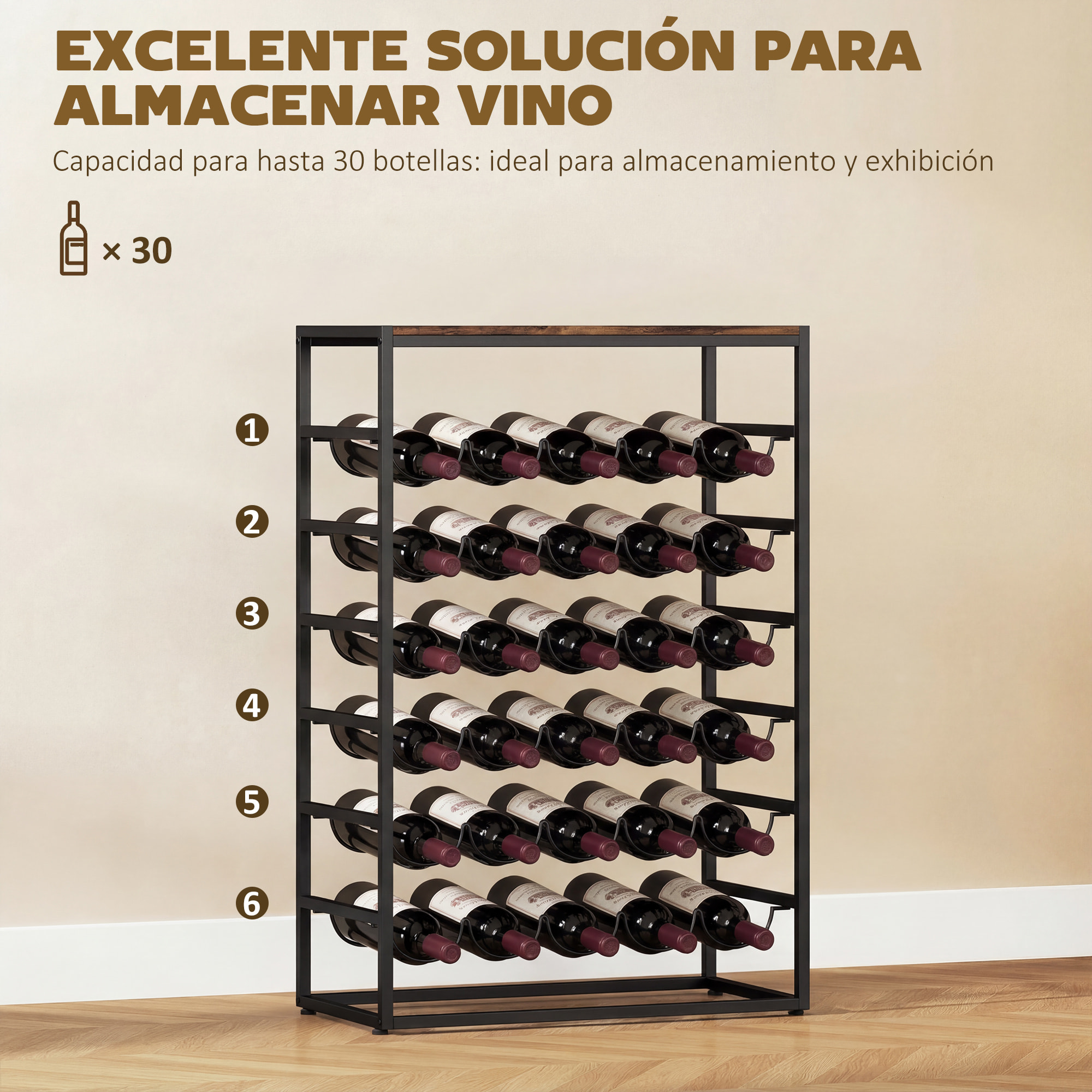 Botellero para 30 Botellas, Botellero para Vino de 6 Niveles con Encimera de Efecto Madera, Estilo Industrial, para Cocina, Comedor, Bar, 59x30x88,5 cm, Marrón Rústico