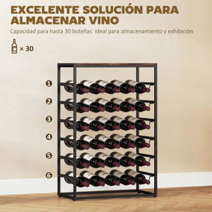 Botellero para 30 Botellas, Botellero para Vino de 6 Niveles con Encimera de Efecto Madera, Estilo Industrial, para Cocina, Comedor, Bar, 59x30x88,5 cm, Marrón Rústico