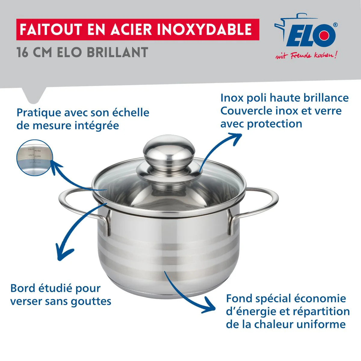 Faitout haut 16 cm en acier inoxydable sans PFAS Elo Brillant