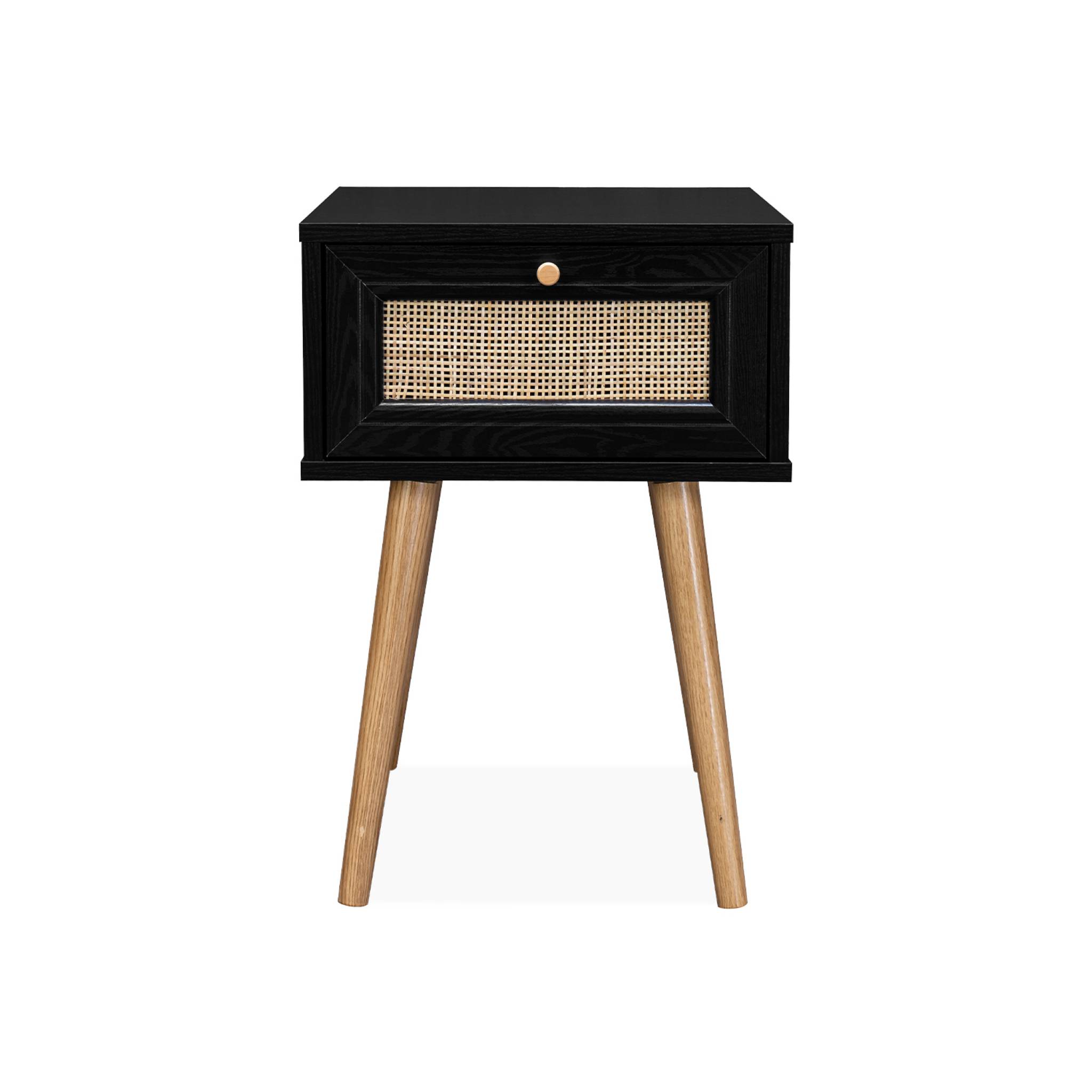 Table de chevet effet bois & cannage avec 1 tiroir - coloris noir - Bohème