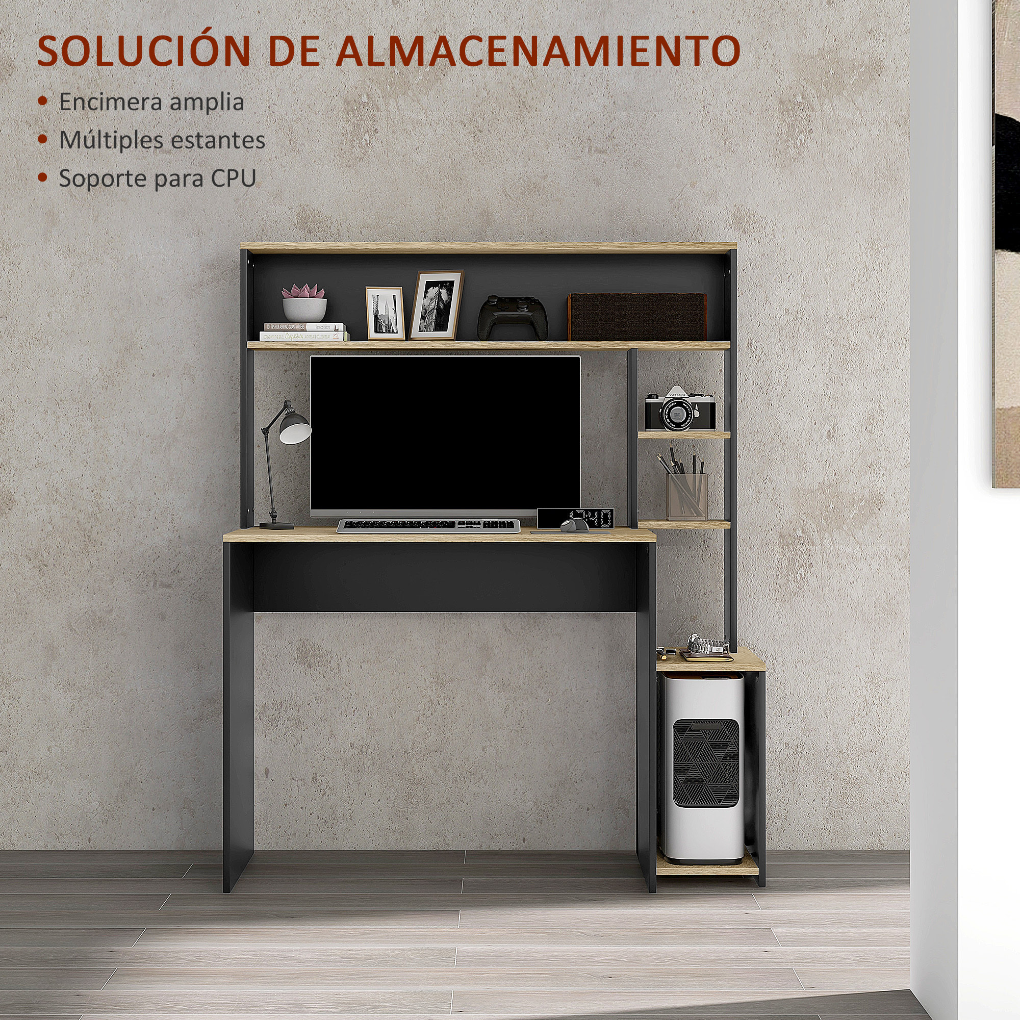 Mesa de Ordenador Moderna Mesa de Escritorio con Estantes Escritorio con Estanterías Soporte para Monitor CPU para Oficina Estudio 114x45x138 cm Gris y Natural