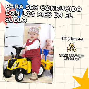 Tractor sin Pedales para Niños de 12-36 Meses con Remolque Extraíble Coche Correpasillos con Bocina Faros Pala Asiento de Suelo 25 cm y Rastrillo Carga 25 kg 91x29x44 cm Amarillo