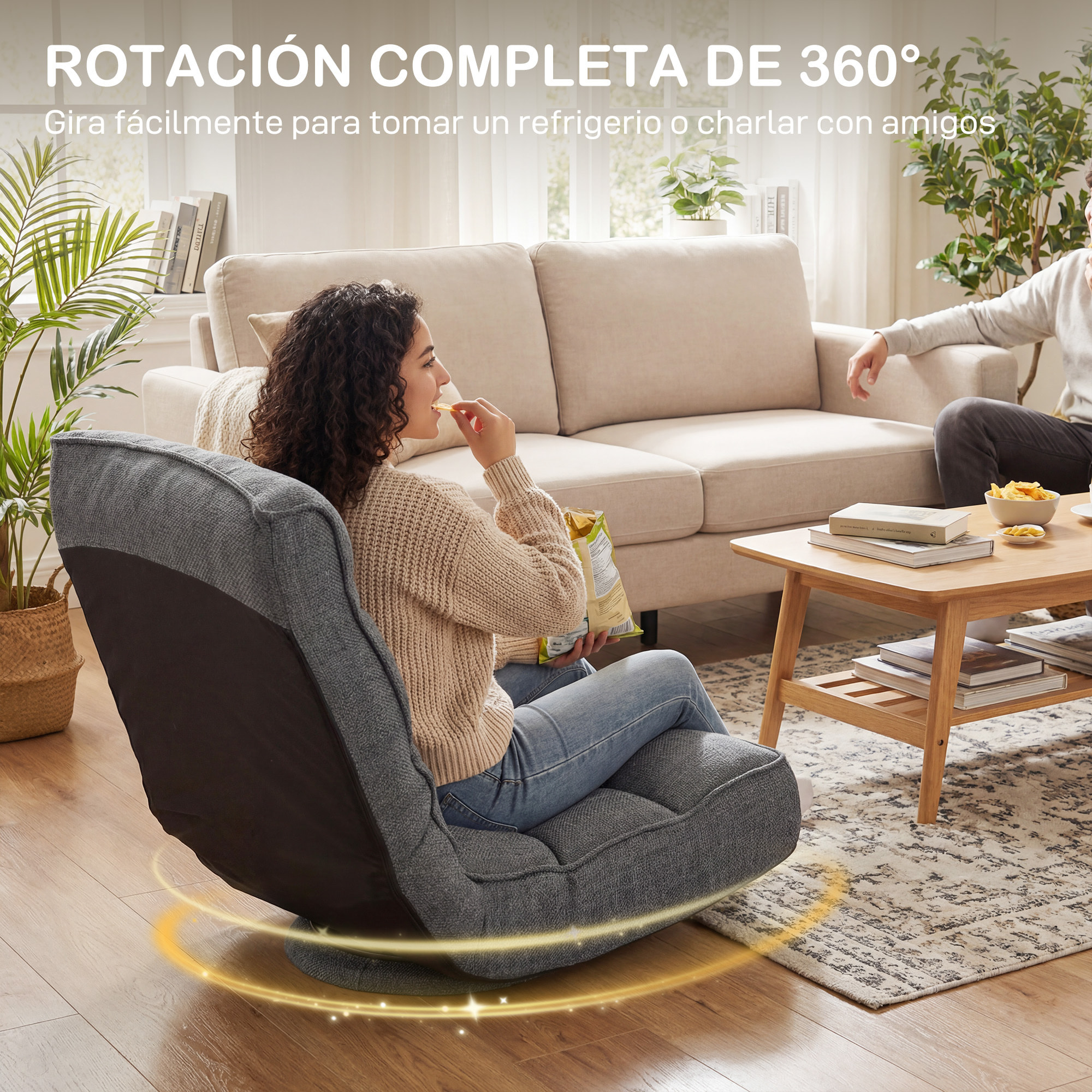 Silla de Suelo Plegable, Silla de Lectura Giratoria 360° con Respaldo Ajustable en 5 Posiciones, Sofá de Suelo de Lino y Acolchado, para Meditación y Gaming, 58x107x79 cm, Gris