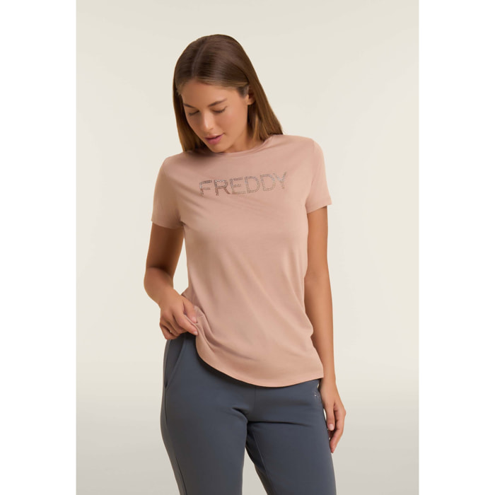 T-shirt donna con logo in strass bicolori