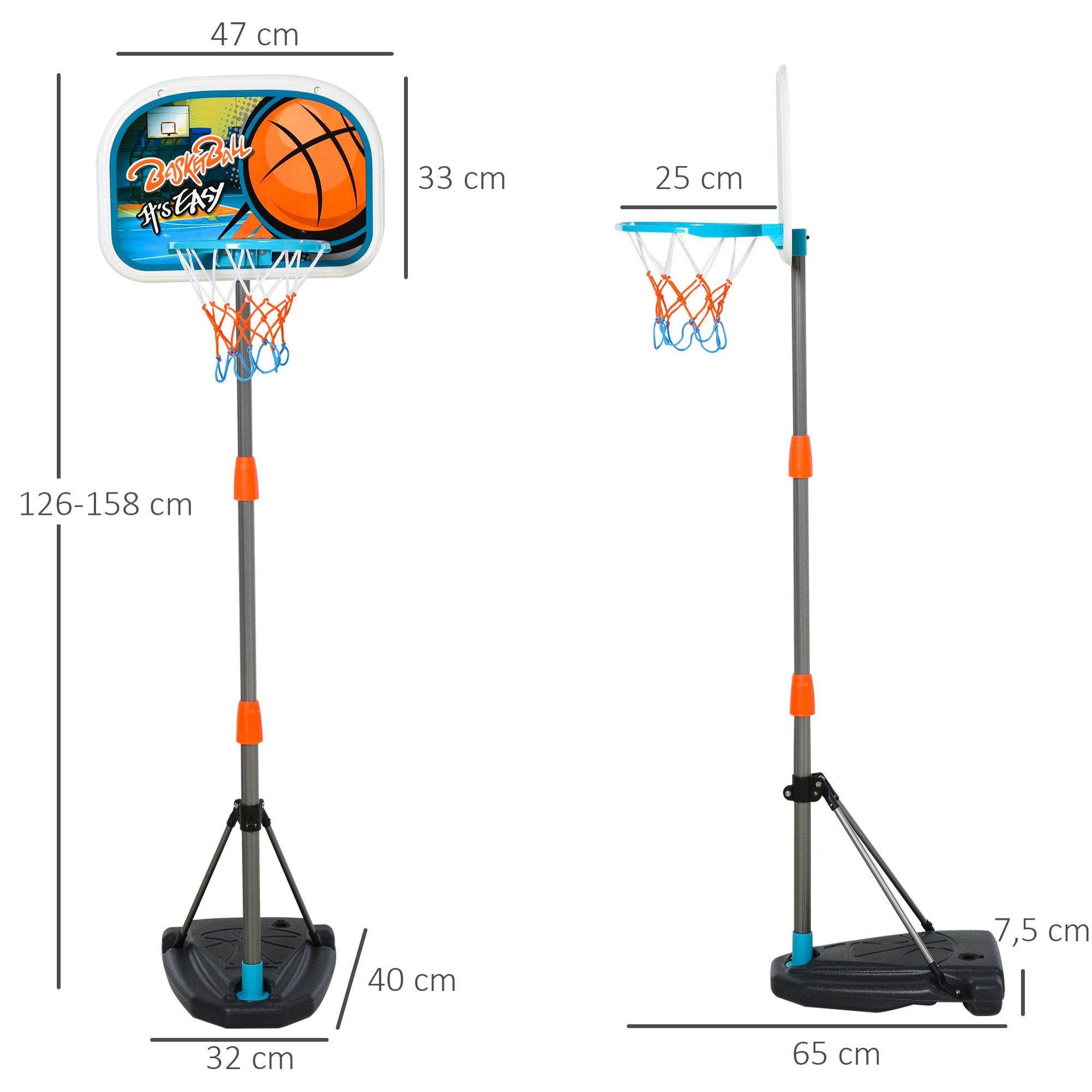 Panier de basket-ball sur pied avec poteau base lestage panneau + ballon + pompe hauteur réglable 1,26 – 1,58 m