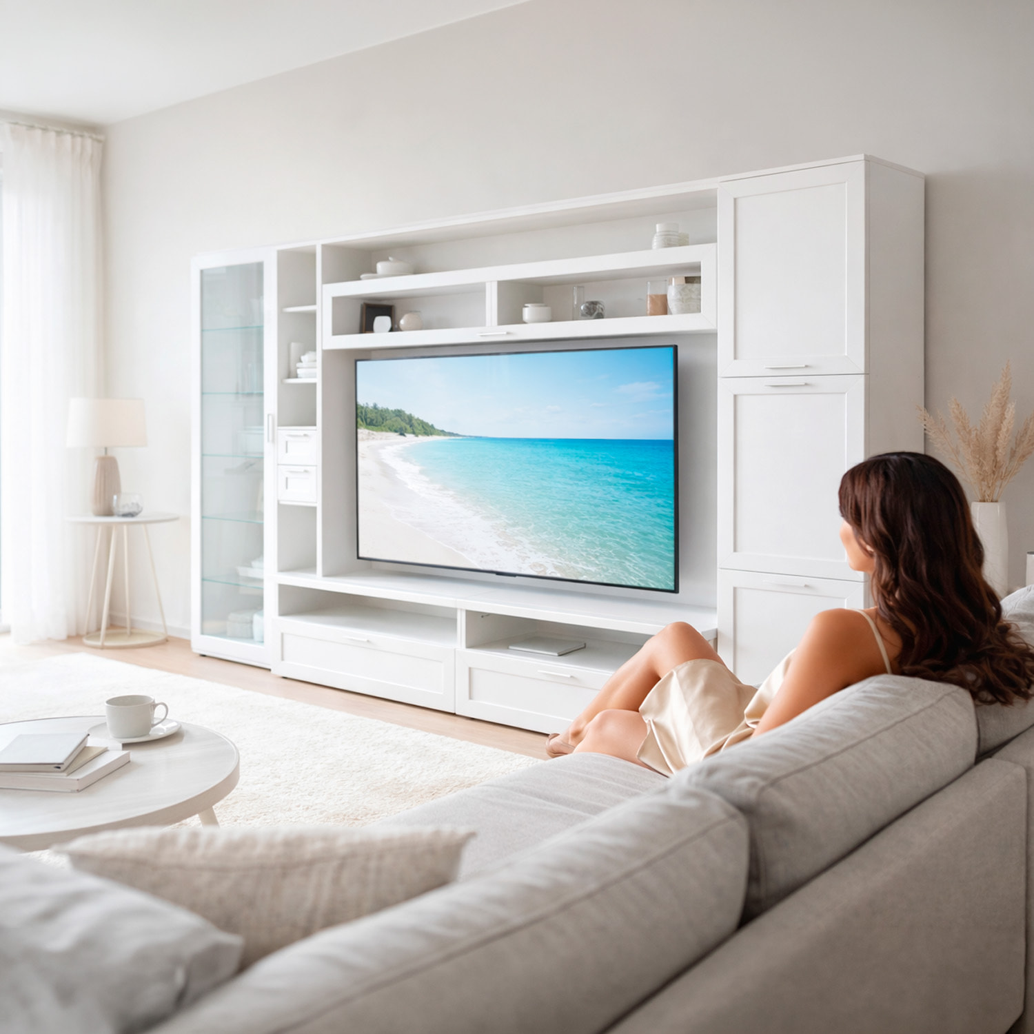 Parete Attrezzata Soggiorno Con Vetrina 6 Ante Battenti E 3 Ribalte Ampio Mobile Porta TV Con Ripiani Design Moderno Living 300 x 50 x 215 Cm Bianco