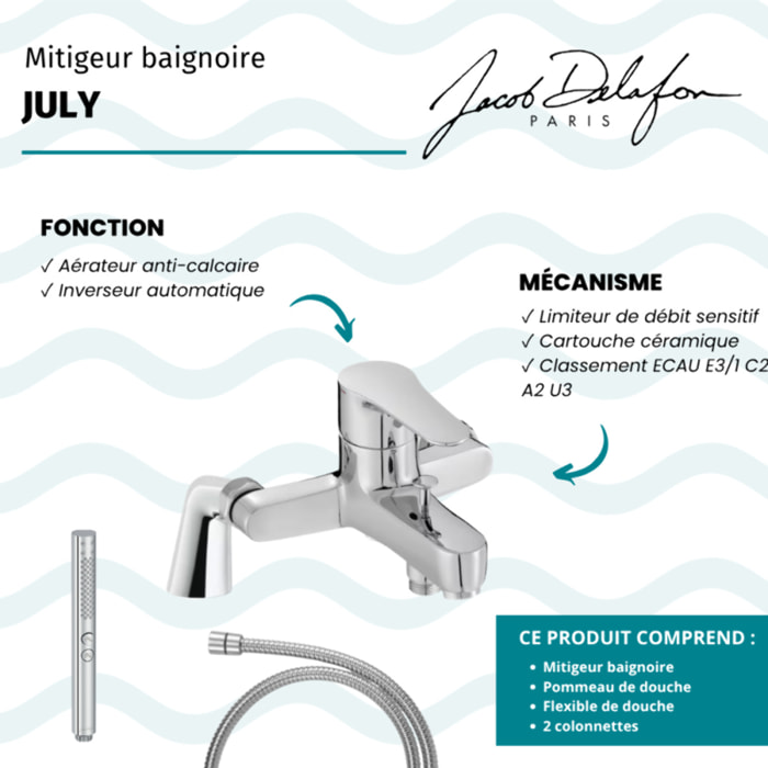 Mitigeur baignoire July + pommeau de douche Shift+ rond + flexible de douche métal + colonnettes
