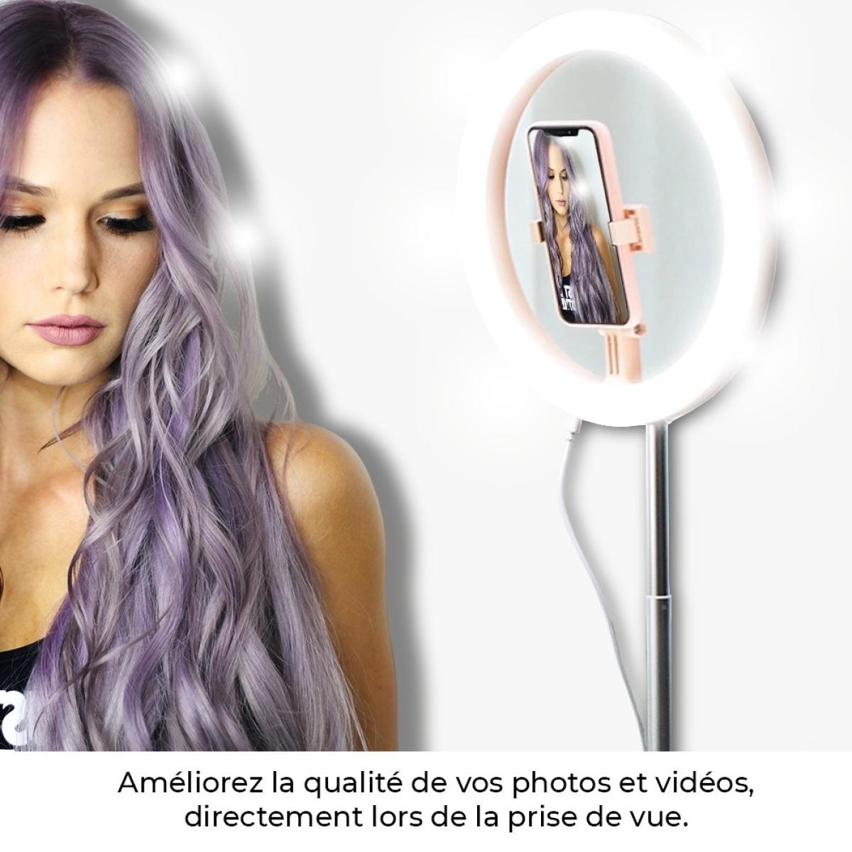 Anneau lumineux pour Selfie extensible et ajustable avec trepied Rose