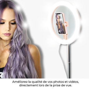 Anneau lumineux pour Selfie extensible et ajustable avec trepied Rose