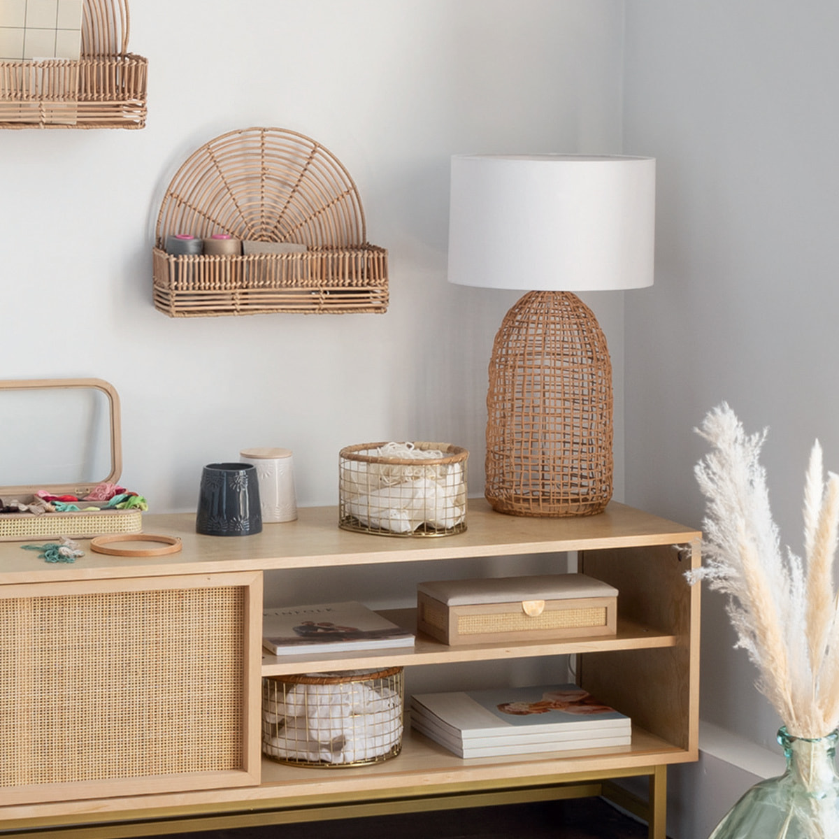 Lampe cylindre "Karla" - rotin - blanc H56 cm