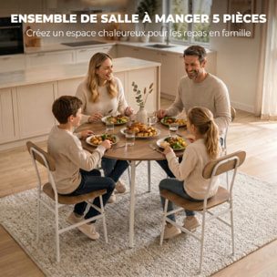 Ensemble table à manger ronde 4 chaises dia. 1 m métal blanc effet bois naturel