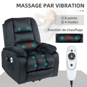 Fauteuil de massage releveur - 8 points de massage, fonction chauffante - 2 télécommandes - velours noir