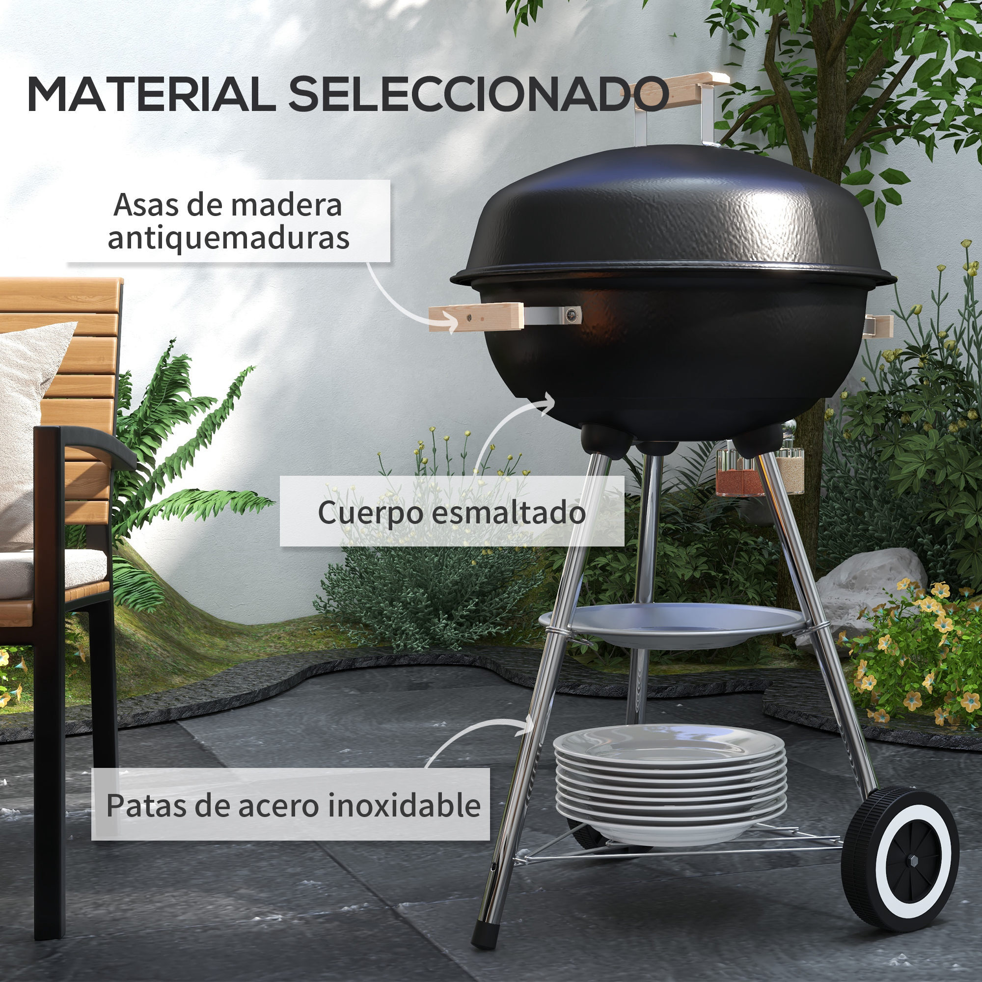 Barbacoa de Carbón Vegetal con Ruedas Parilla de Carbón BBQ Portátil Tapa y Tazón Esmaltados Mangos de Madera 48x56x94 cm para Jardín Exterior Picnic Acampada