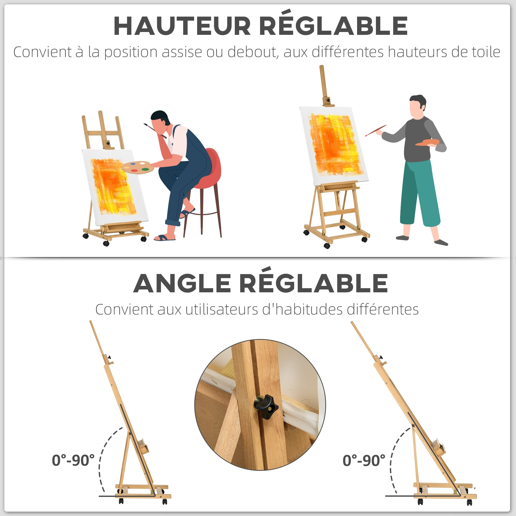 Chevalet d'artiste pliable sur roulettes hauteur réglable inclinaison réglable 90° max. niche rangement bois de hêtre