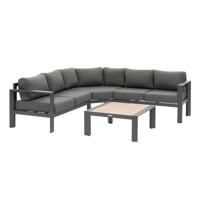 Salon d'angle de jardin "Évasion" graphite & honey 5 places en oléfine et aluminium