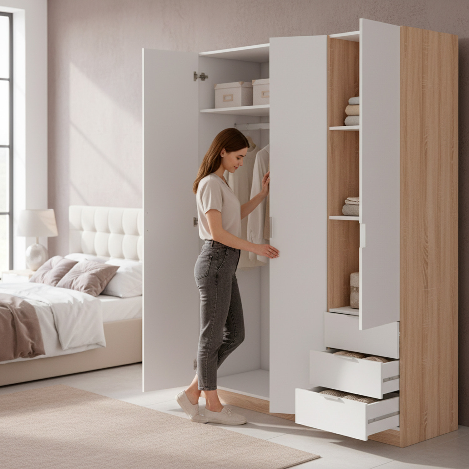 Armadio Guardaroba 3 Ante Con Asta Appendiabiti 3 Ripiani E 3 Cassetti Stile Nordico Salvaspazio Camera Da Letto 121 x 52 x 180 Cm Bianco E Rovere