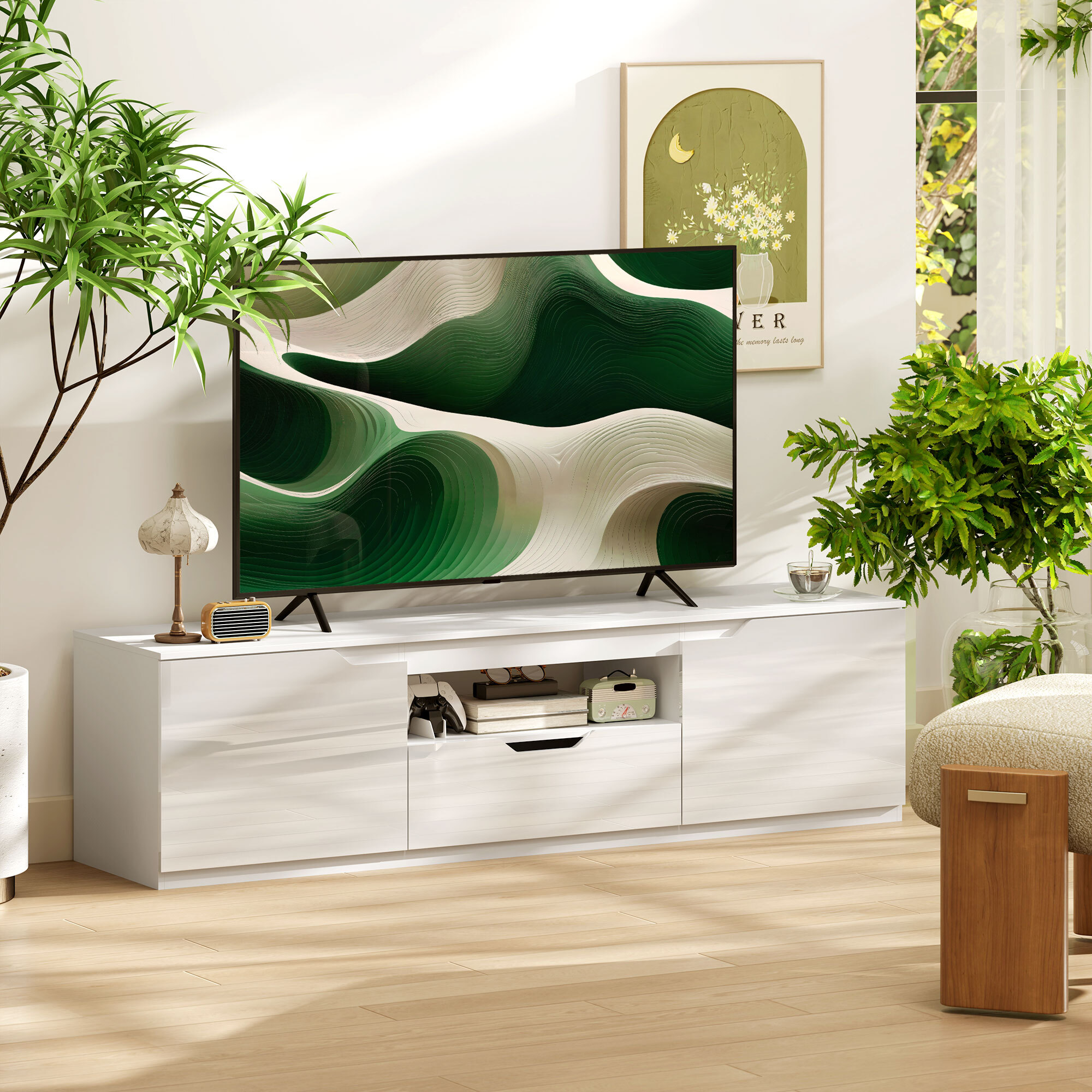 Meuble TV design façade laquée 2 portes tiroir niche blanc