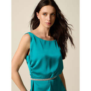 Oltre - Vestido midi de satén con cinturón - Petrol Blue