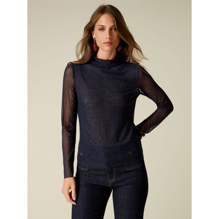 Oltre - T-shirt in tulle con cristalli - Blu