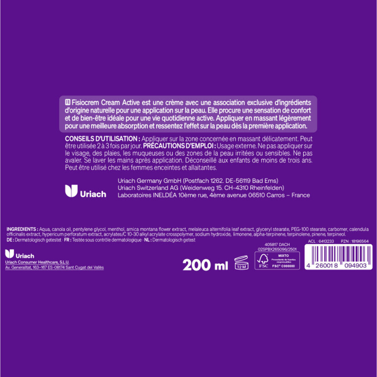 Fisiocrem Cream Active - Crème Apaisante Zones de Tension - 93% Ingrédients Naturels - Arnica, Calendula, Millepertuis & Arbre à Thé - 200ml