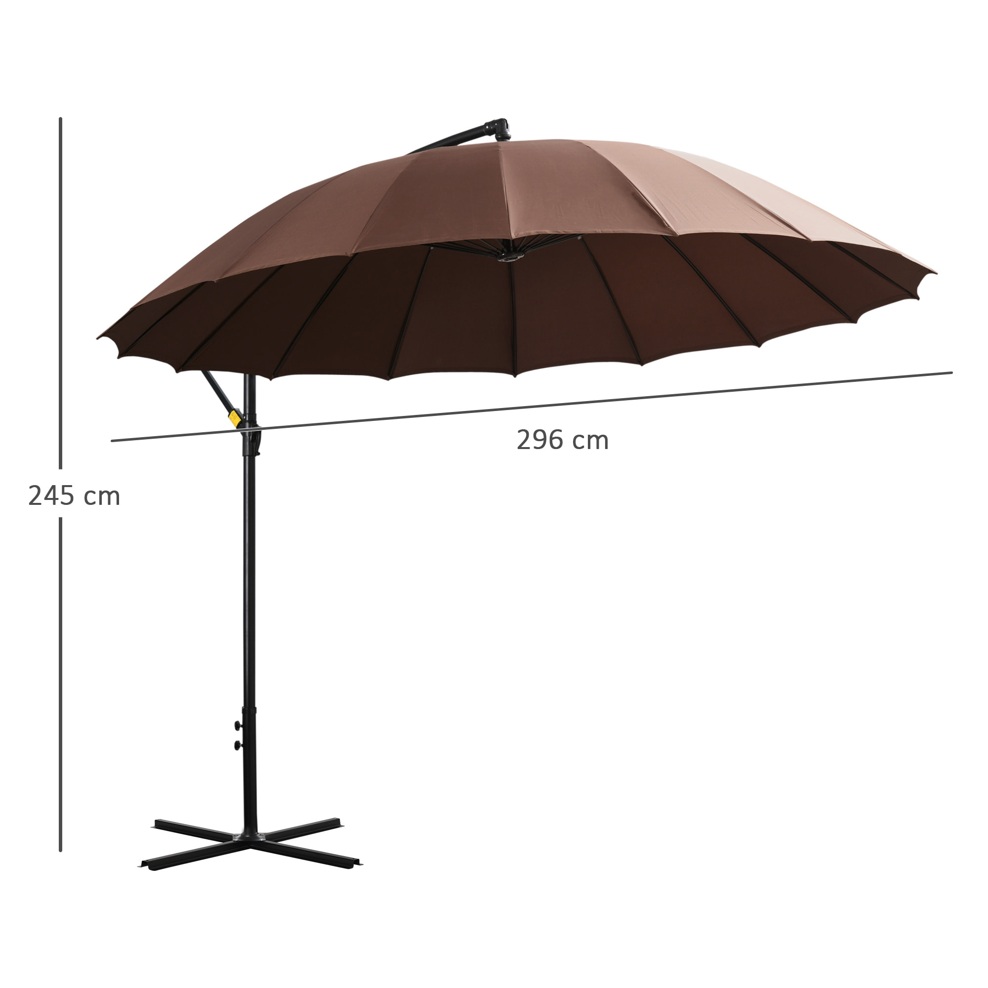 Parasol déporté rond inclinable manivelle piètement mât métal. dim. Ø 2,96 x 2,6H m polyester haute densité chocolat