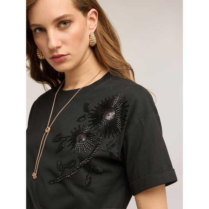 Motivi - T-shirt in jersey con applicazioni floreali - Nero
