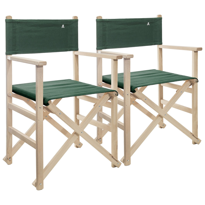 Set de 2 sillones director plegables estructura sin barniz con lona color verde oscuro