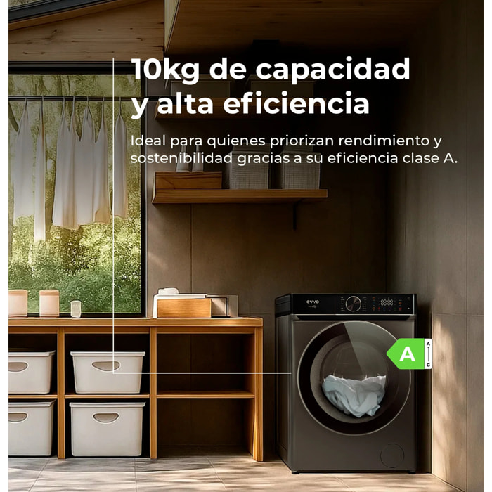 EVVO Lavadora 10 kg Nova Q10x, 1400 rpm, Clase A, Motor Inverter eDRIVE, 14 programas, vapor Steam Wash, lavado rápido 15', inox
