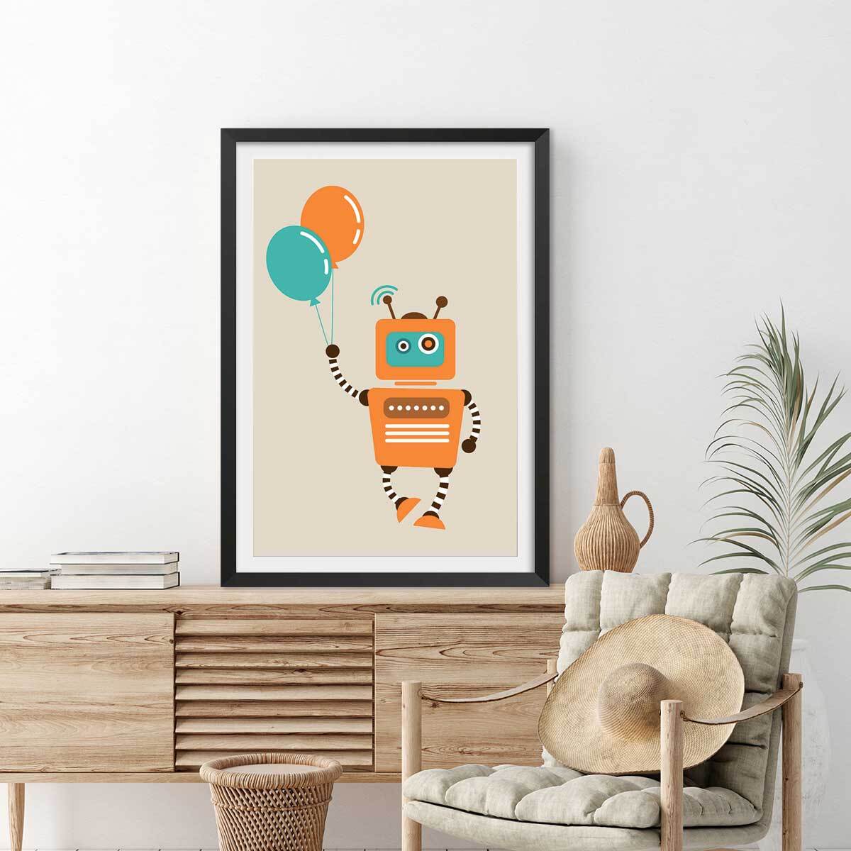 Affiche robot aux ballons Affiche + cadre en bois - Noir