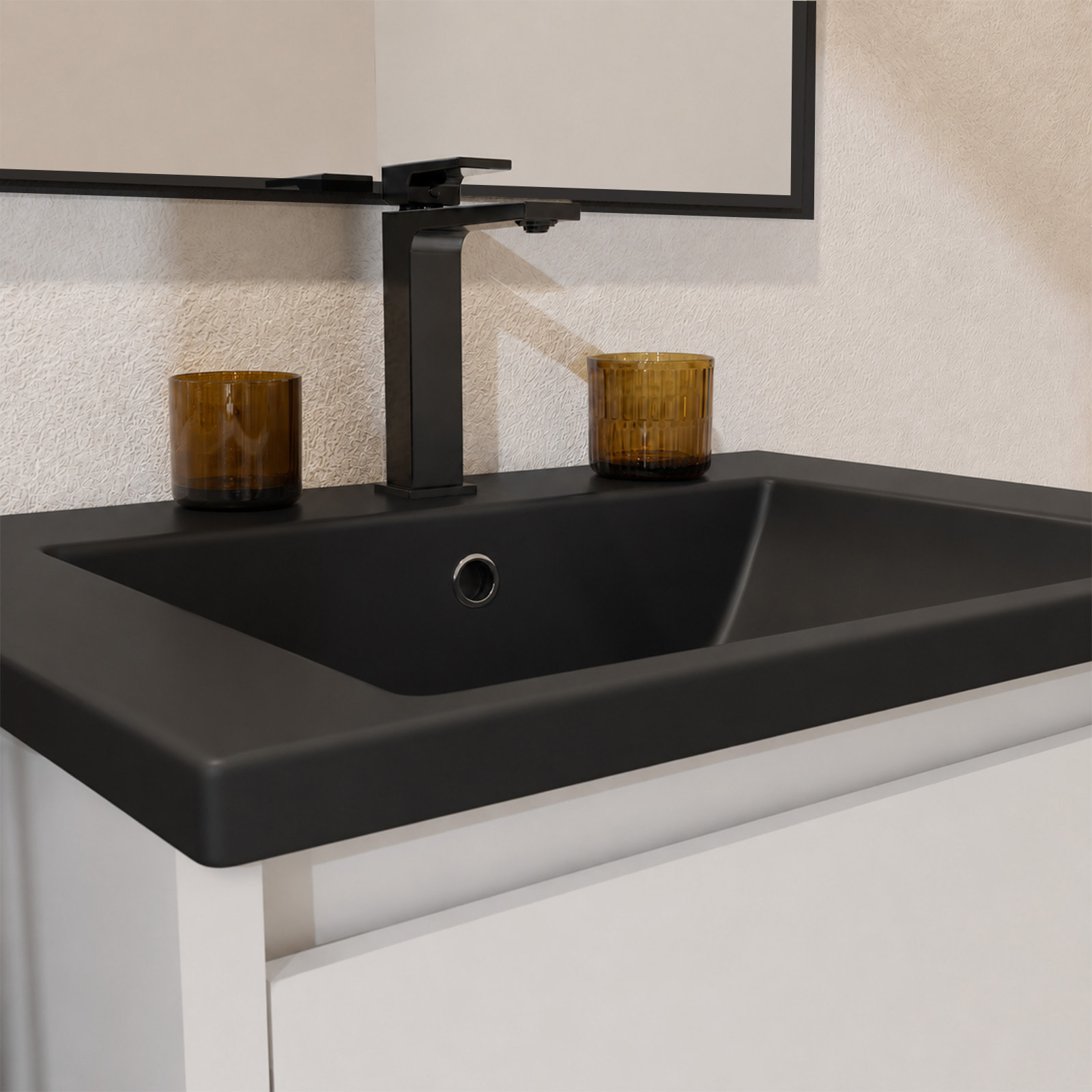 Meuble de Salle de Bains 50cm 3 tiroirs Blanc, Vasque Noire et Miroir Cadre Noir 50x70 - XENOS