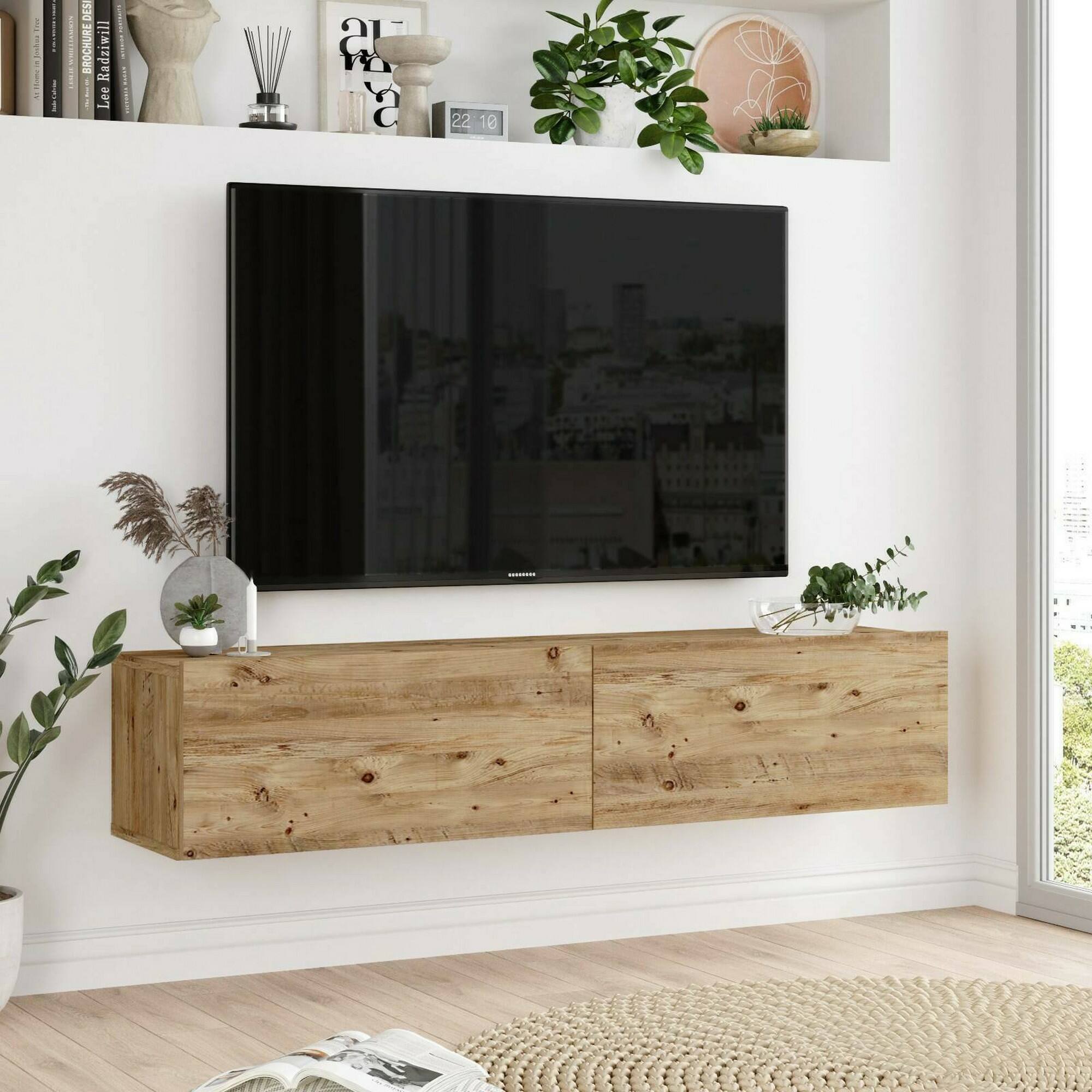 Mobile porta TV Dabubaka, Credenza da soggiorno, Armadio basso per TV, Base parete attrezzata, 140x32h29 cm, Quercia