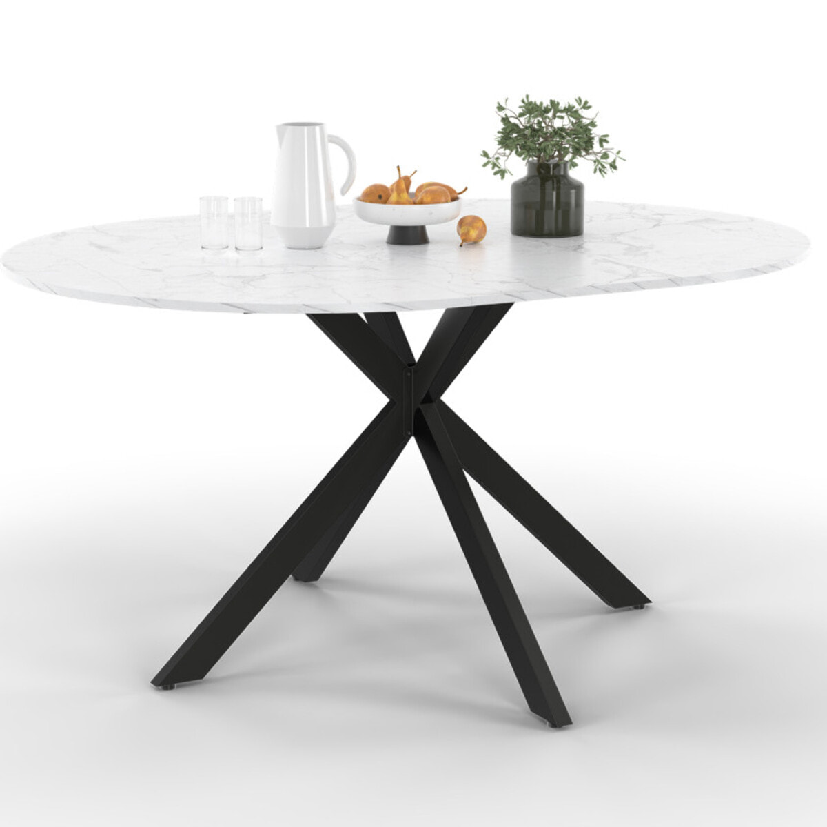 Table à manger ronde extensible Soline effet marbre blanc et noir Ø110-150cm